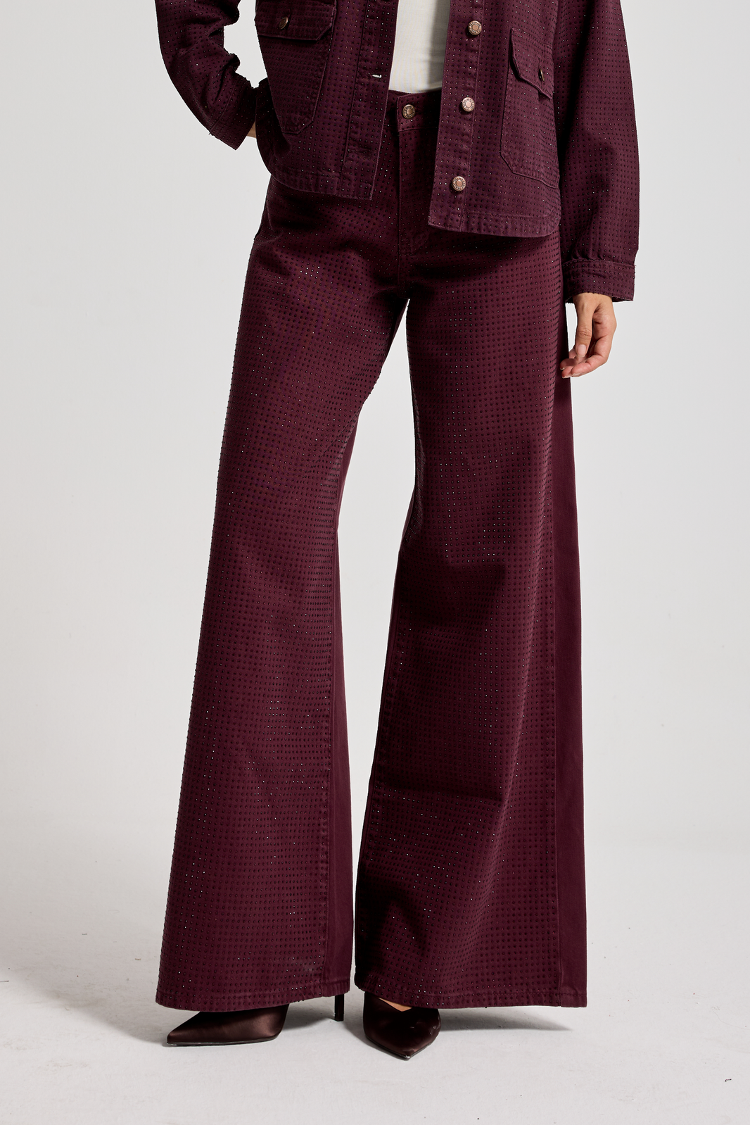 RHINESTONE PALAZZO MID RISE JEANS