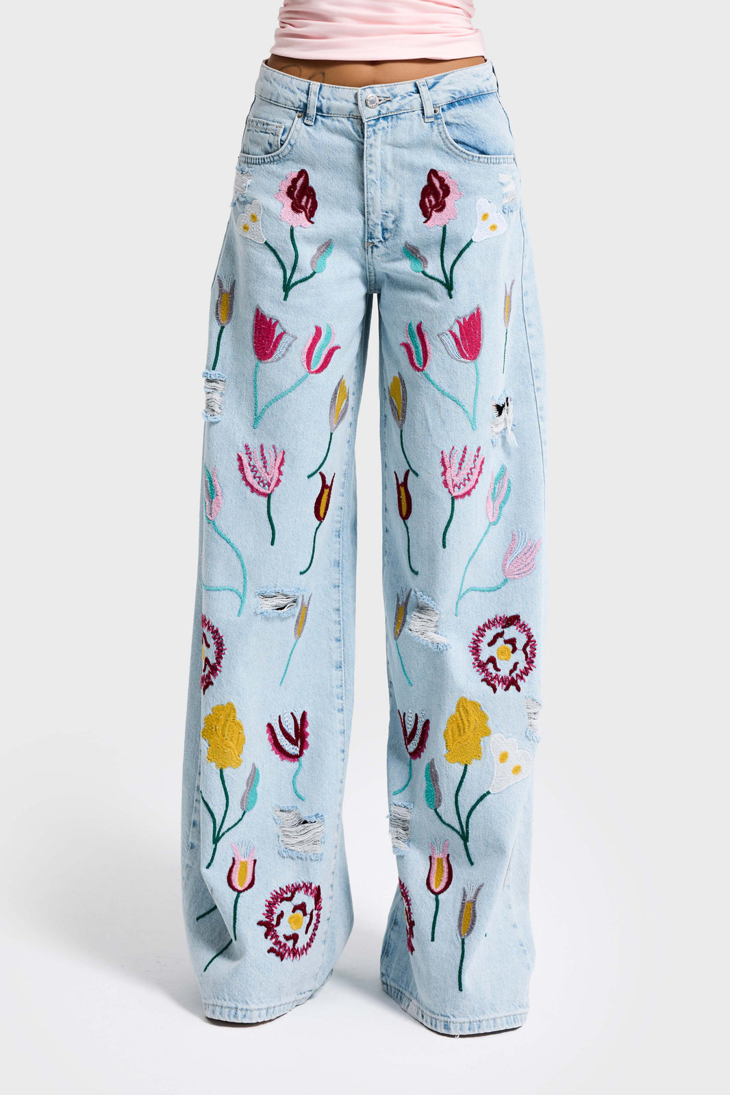 EMBROIDERY PALAZZO MID RISE JEANS