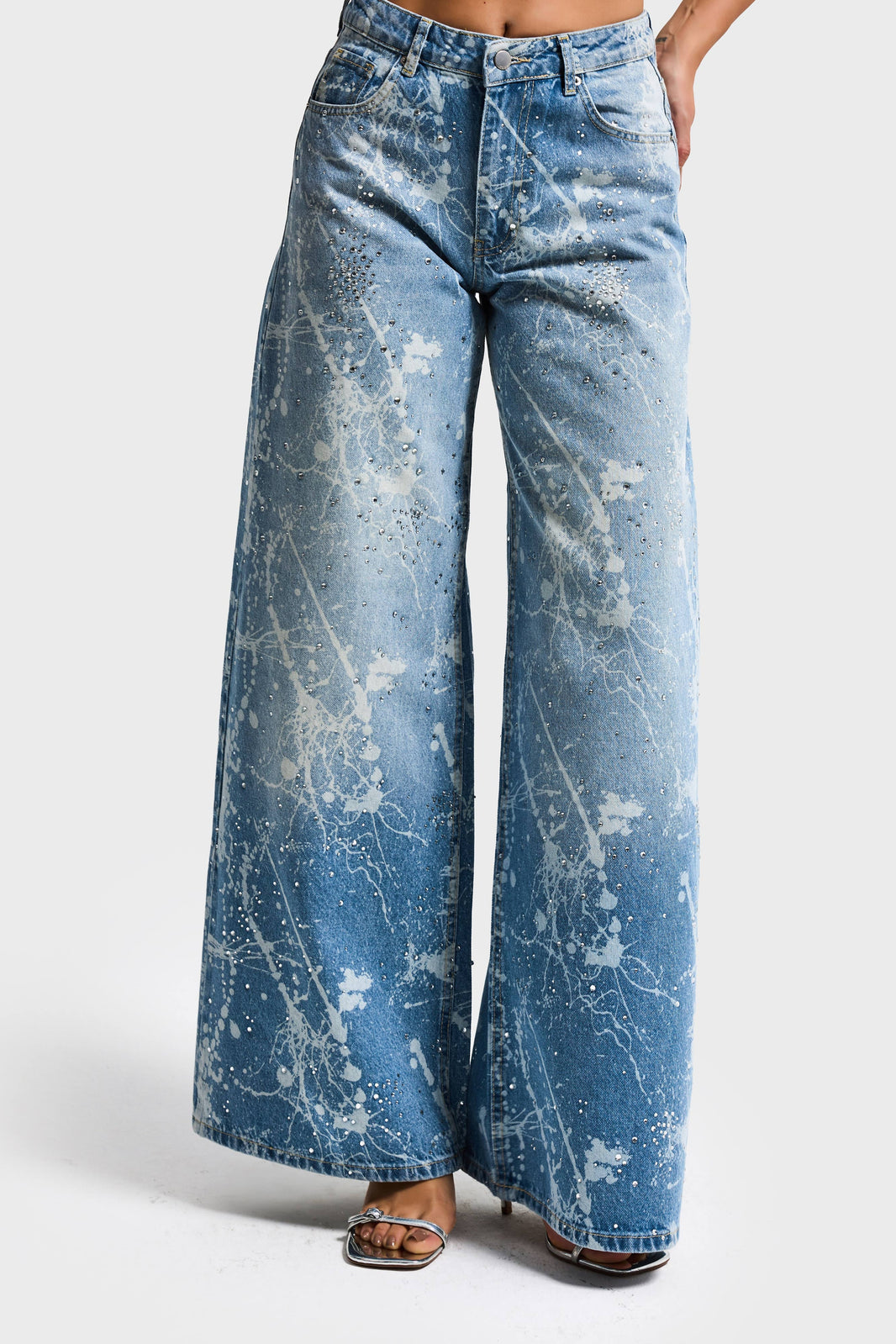 RHINESTONE PALAZZO MID RISE JEANS