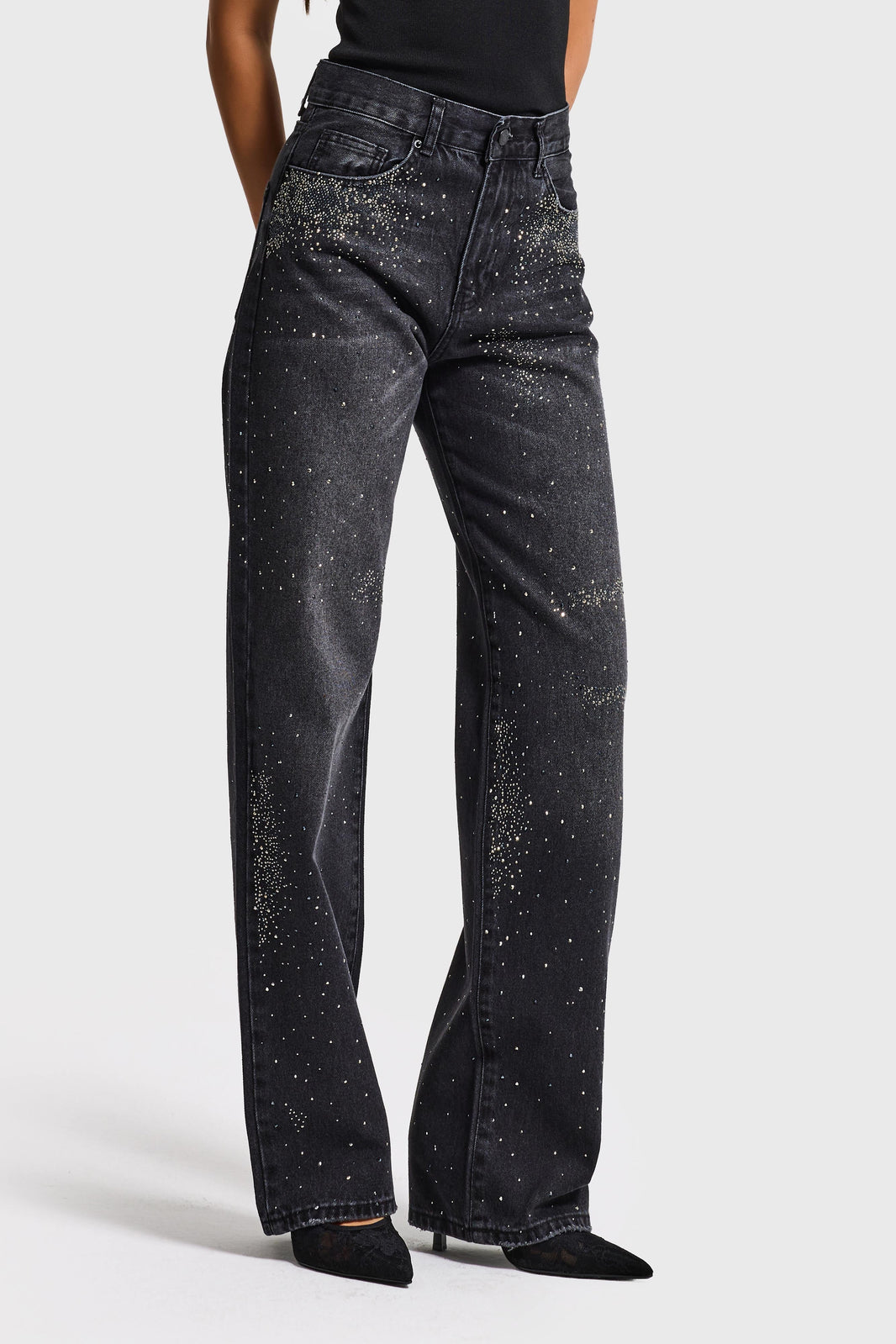 RHINESTONE LOOSE MID RISE JEANS