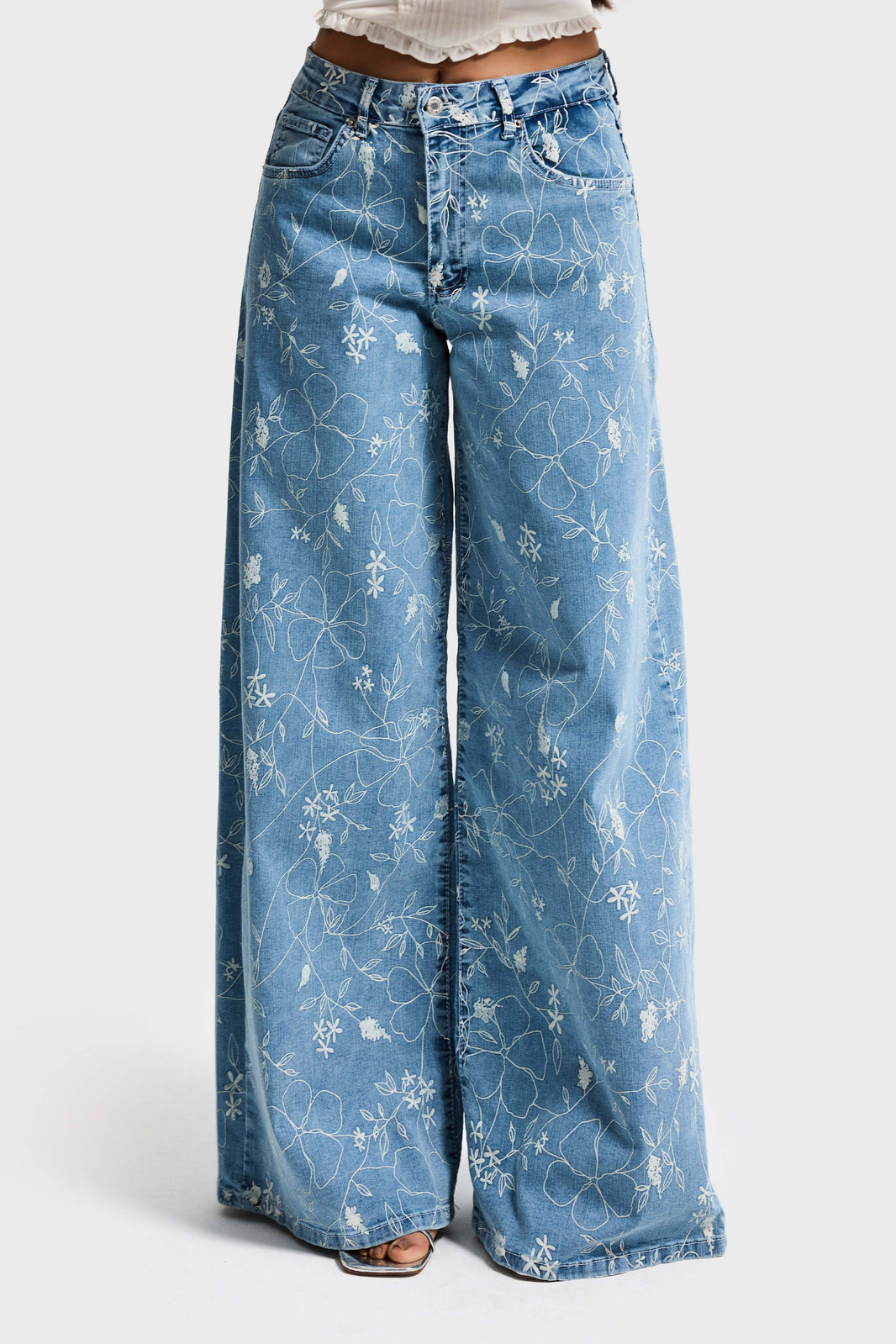 PRINTED PALAZZO MID RISE JEANS