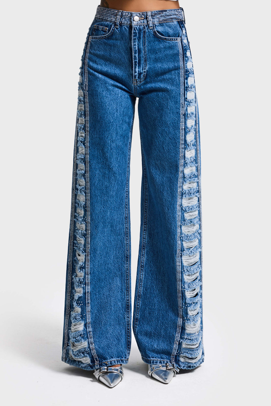 RHINESTONE FLARE MID RISE JEANS