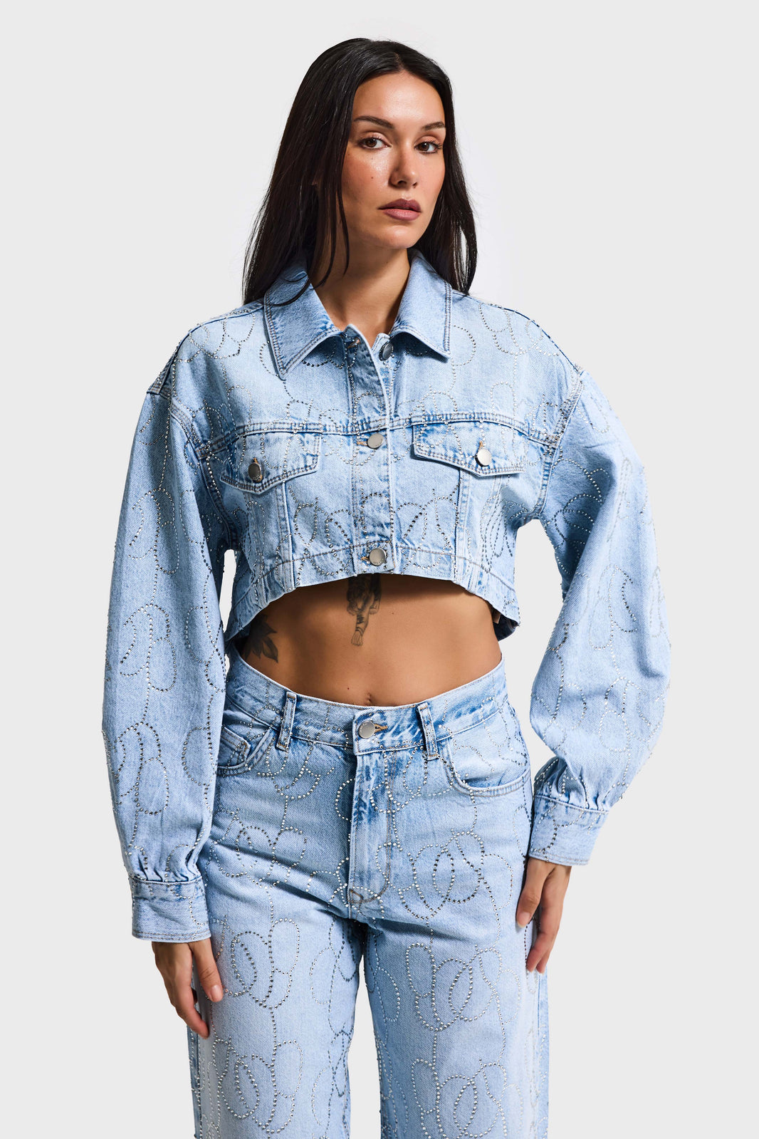RHINESTONE CROPPED DENIM JACKET