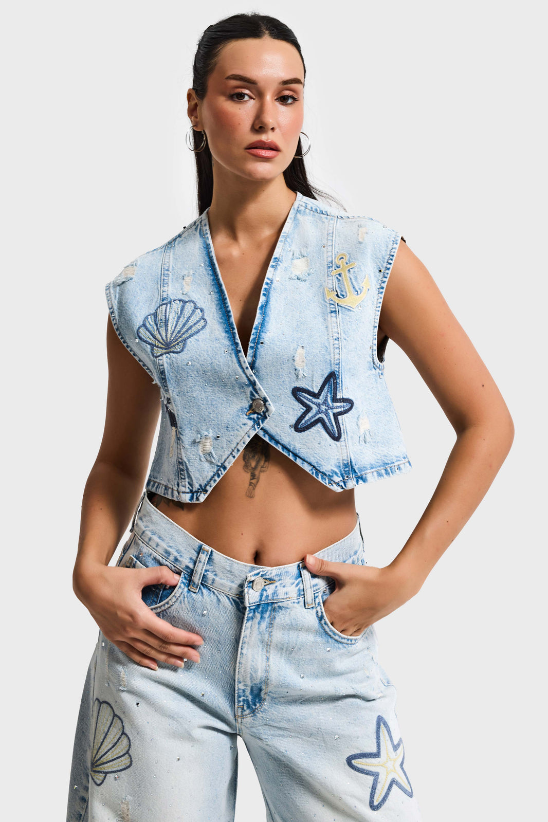 RHINESTONE DENIM WAISTCOAT