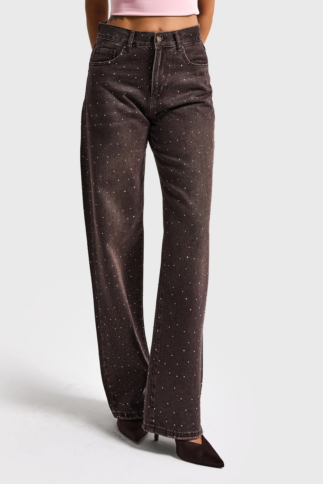 RHINESTONE LOOSE MID RISE JEANS - CHOCOLATE