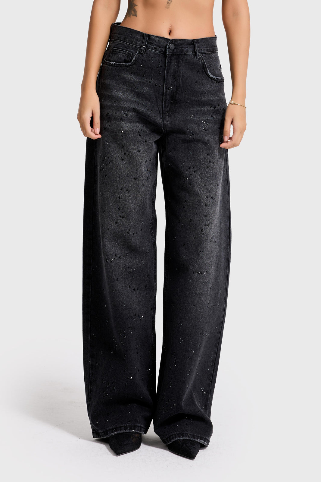 RHINESTONE MID RISE LOOSE JEANS - GRAPHITE