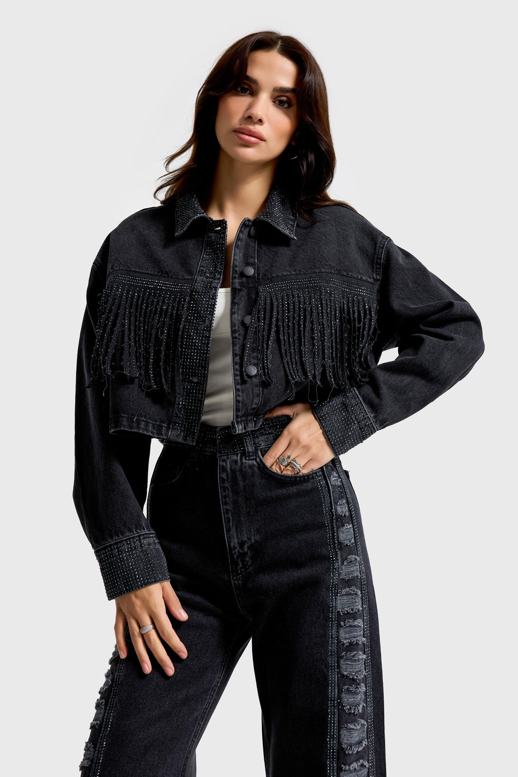 RHINESTONE CROPPED DENIM JACKET
