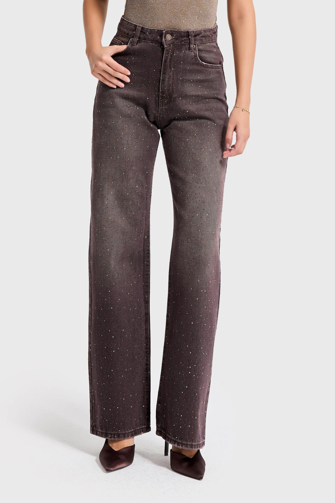 RHINESTONE STRAIGHT HIGH RISE JEANS - ESPRESSO