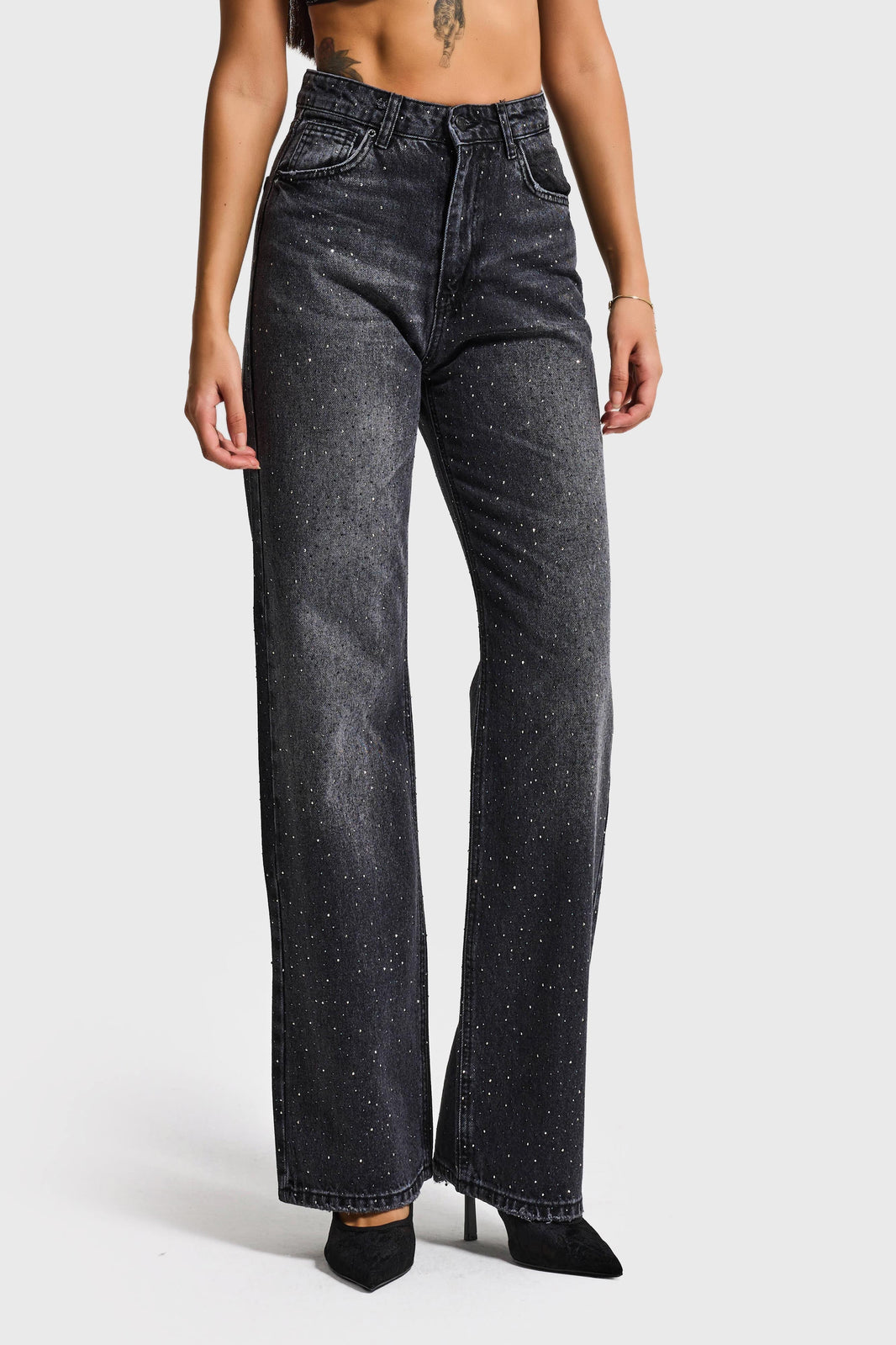 RHINESTONE STRAIGHT HIGH RISE JEANS - SOFT BLACK
