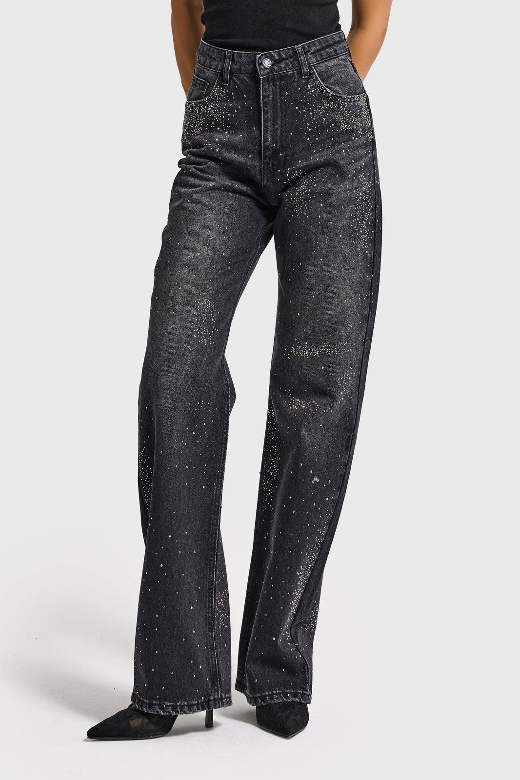 RHINESTONE STRAIGHT MID RISE JEANS - SOFT BLACK