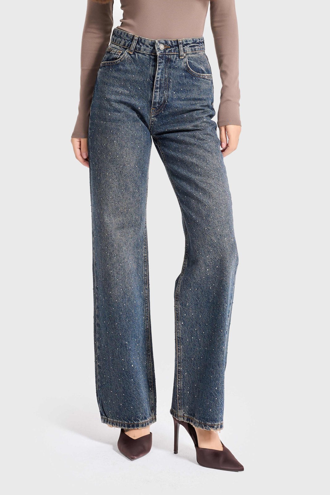 RHINESTONE STRAIGHT HIGH RISE JEANS