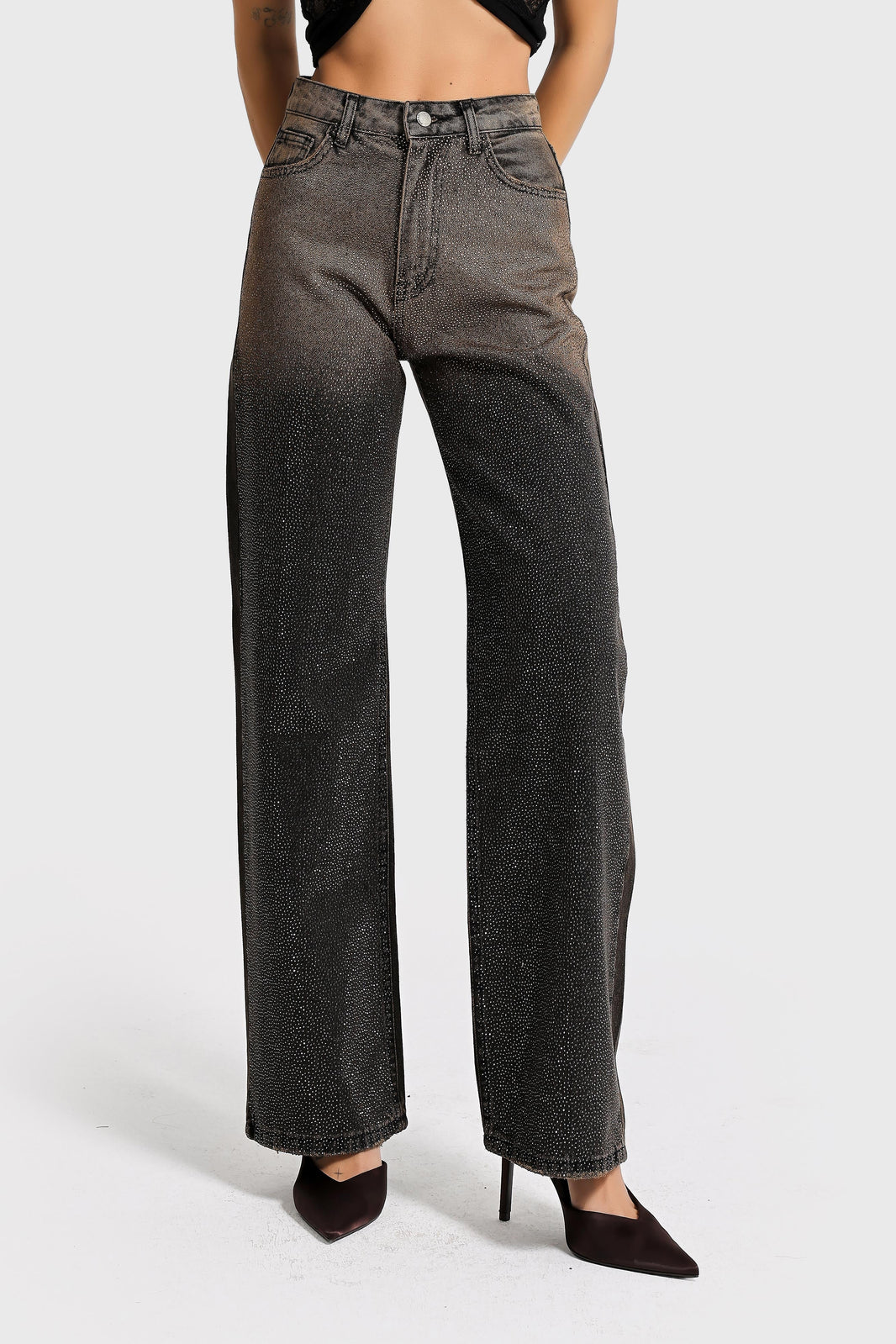 RHINESTONE STRAIGHT HIGH RISE JEANS - CHESTNUT